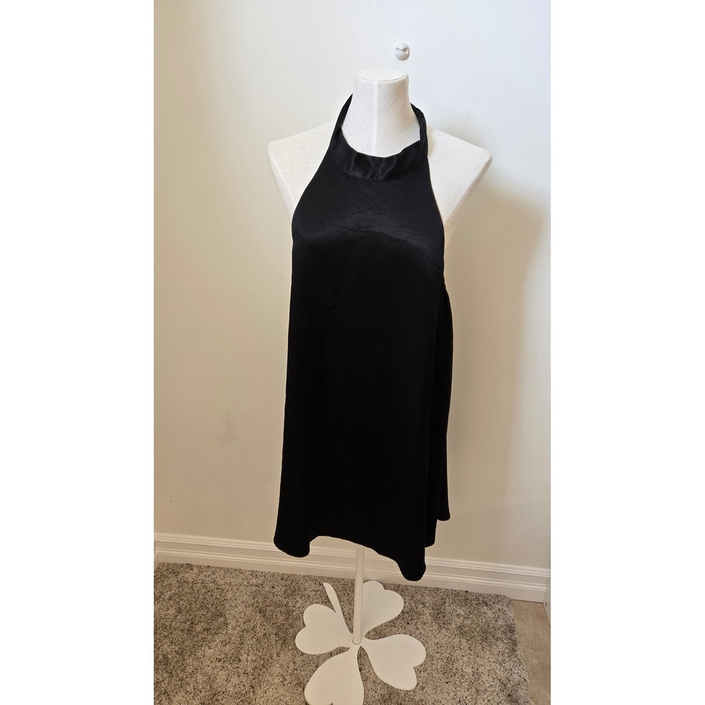 Zara Black Satin Halter Mini Dress Open Back Tie Neck Size L